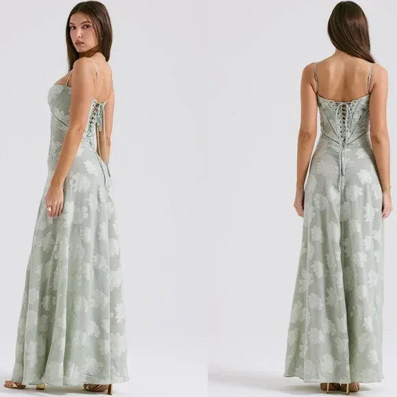 HOUSE OF CB 'Seren' Pistachio Floral Lace Back Maxi Dress NWOT
